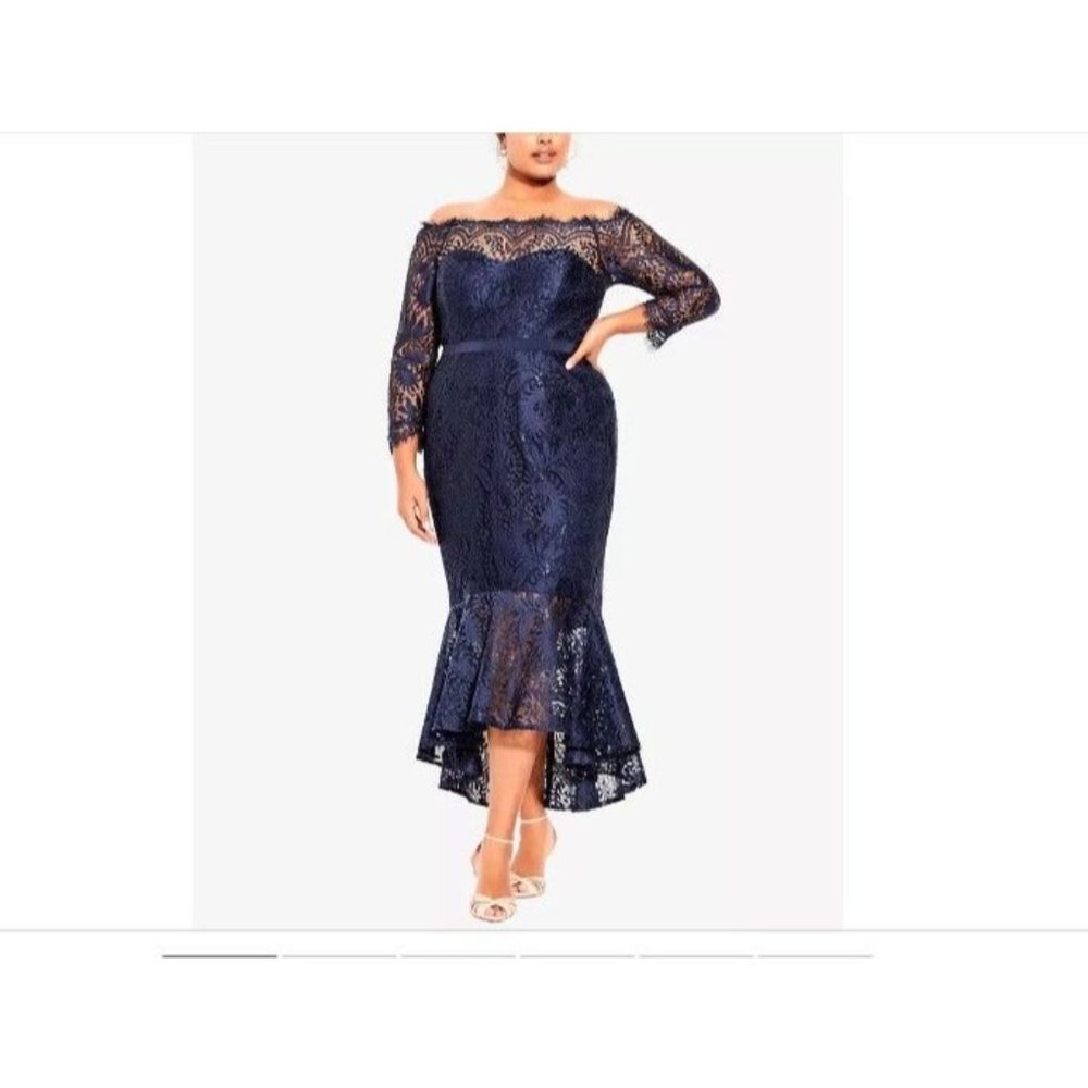 City Chic Women's NWT Navy Blue Estella Lace Maxi Dress Fishtail Hi-low Hem XS